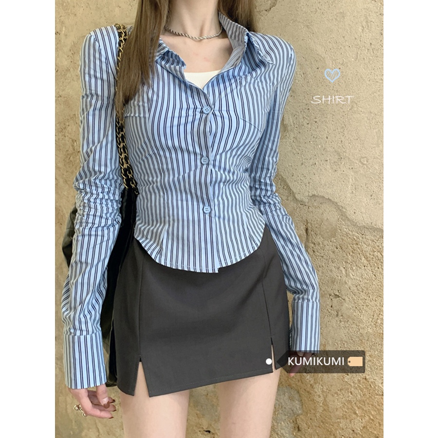 Red Salt wear suit spring slim striped shirt top female slit skirt American sweet and spicy two-piece trendy