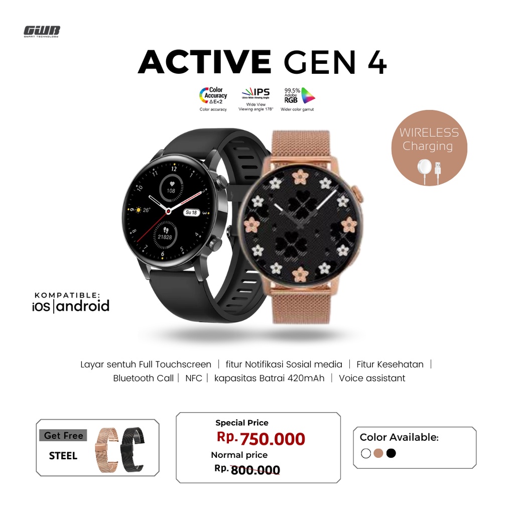 BERGARANSI✅ ACTIVE GEN 4 WIRELESS CHARGER ( BISA TELEPON DARI JAM ) FOR IOS &amp; ANDROID SMARTWATCH [FREE STRAP]