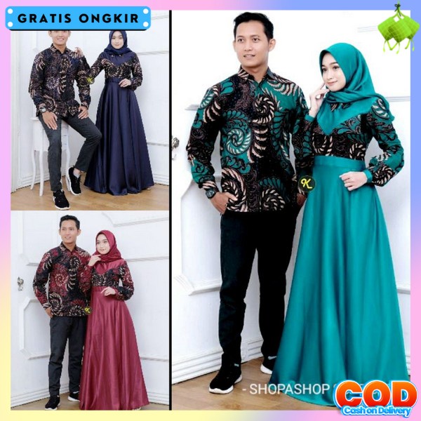 Baju Set Couple Keluarga Suami Istri Pasangan Pria Wanita Gamis Kemeja Murah Fashion Muslim Bahan Mo