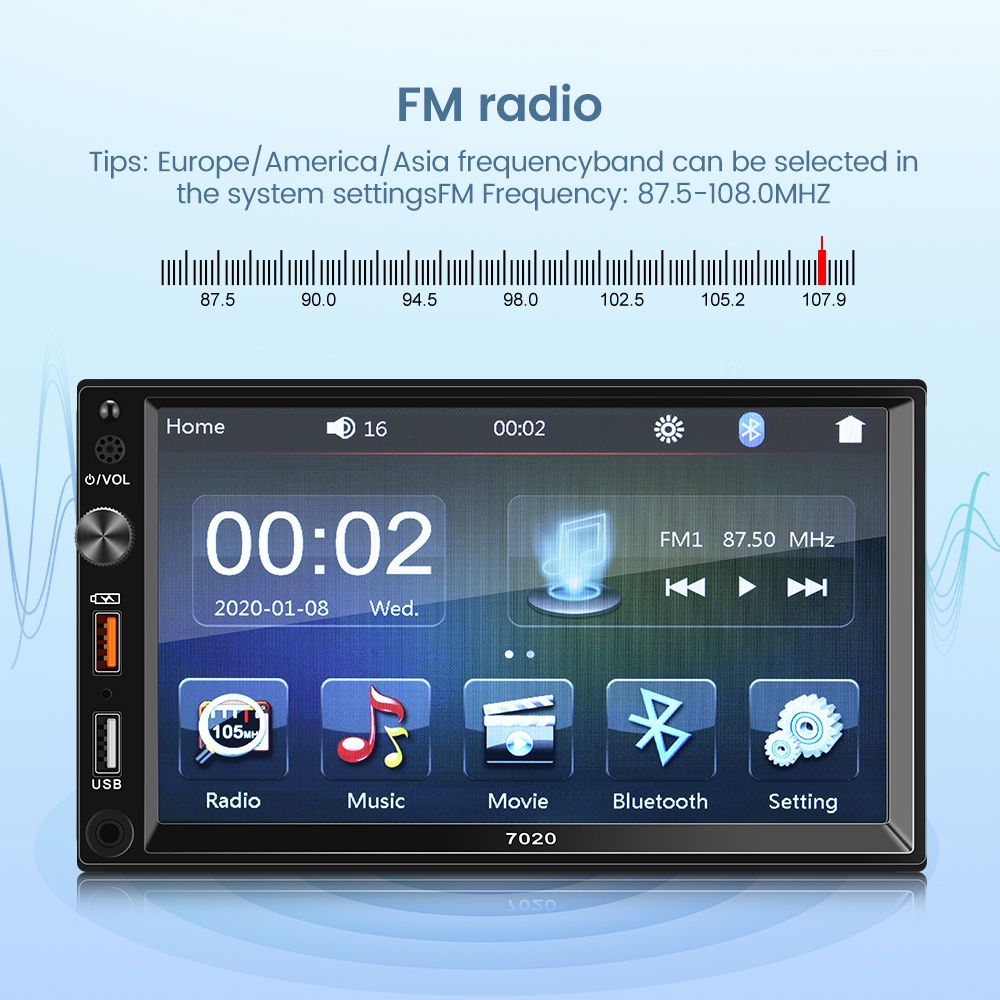 2DIN 7 inci Radio Mobil Double DIN Bluetooth 5.1 Input AUX Ganda Head Unit MP5 Player dengan USB Screen Mirroring untuk iPhone Android