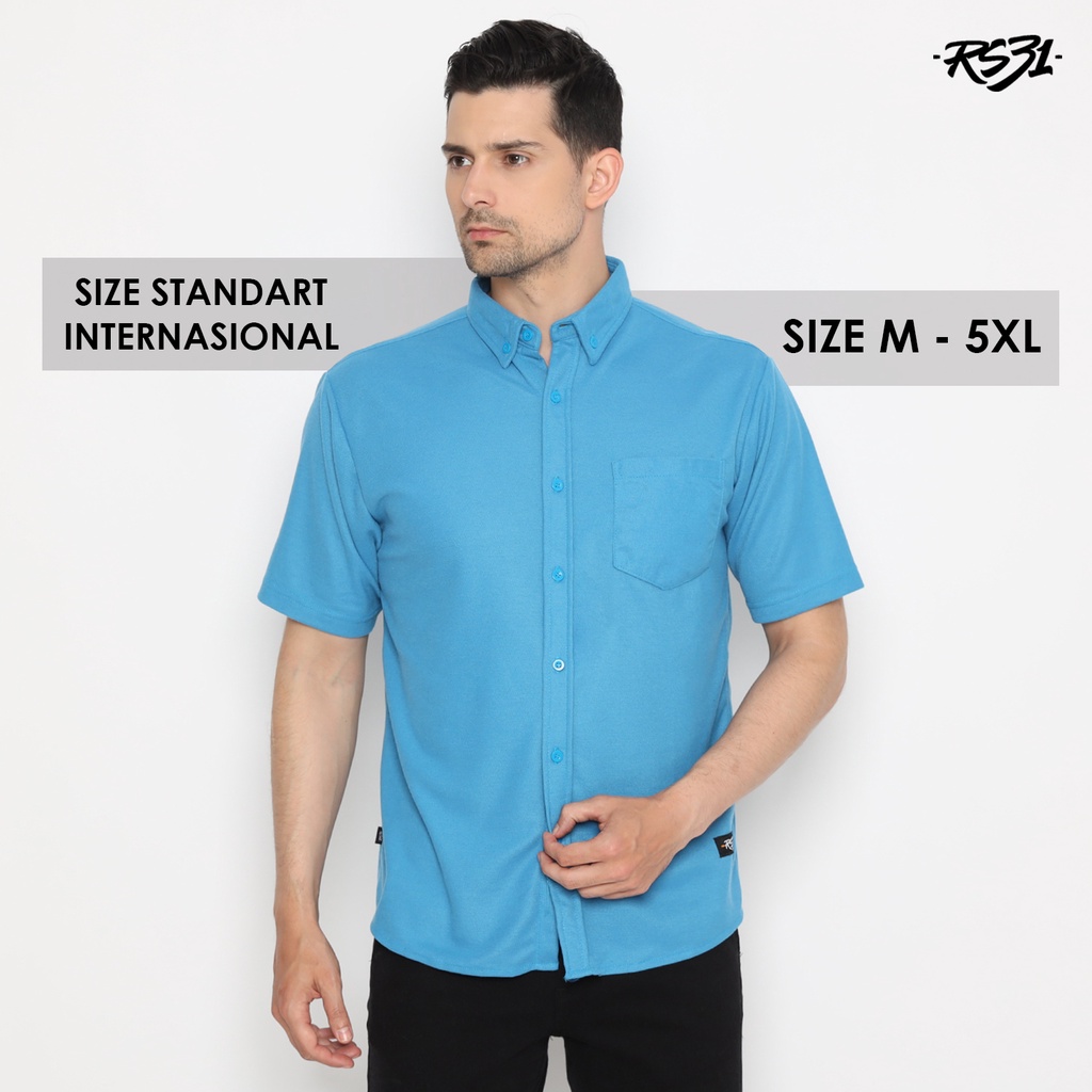 RS31 Baju Kemeja Michigan Shirt Turquoise Blue Basic Cowok Jumbo - Kemeja Polo Pria Dailywear Lengan Pendek Santai Warna  Biru Turkish Super Big Size