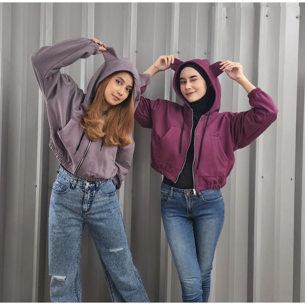 EAR CROOPE HOODIE ZIPPER SWEATER WANITA PAKAIAN CROP TOP ALA KOREAN FASHION LUCU OOTD KASUAL