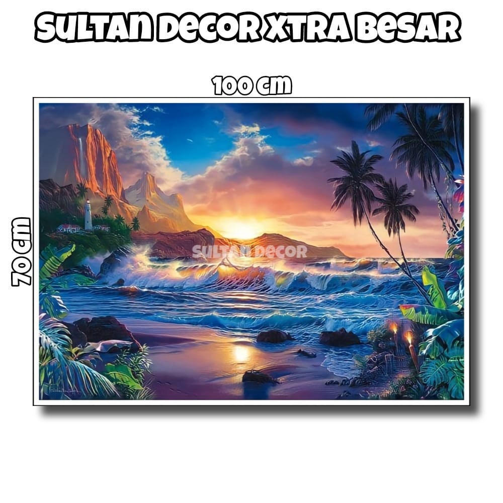 LUKISAN POSTER CETAK PEMANDANGAN ALAM PANTAI SIANG MALAM XTRA BESAR UKURAN 100X50CM 100X70CM 150X100