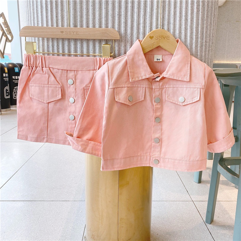 Setelan Baju Lengan Panjang & Rok Anak Perempuan Korea Style Jaket Denim Anak Cewek