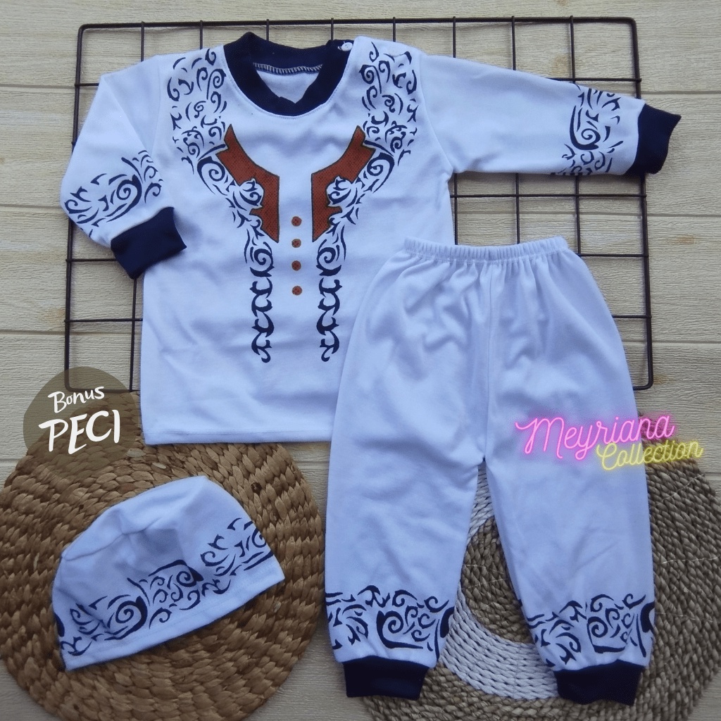 Baju Celana Setelan Koko Bayi Baju Bayi Muslim Ramadan Bonus Peci Usia 3-12 Bulan Meyriana Collection