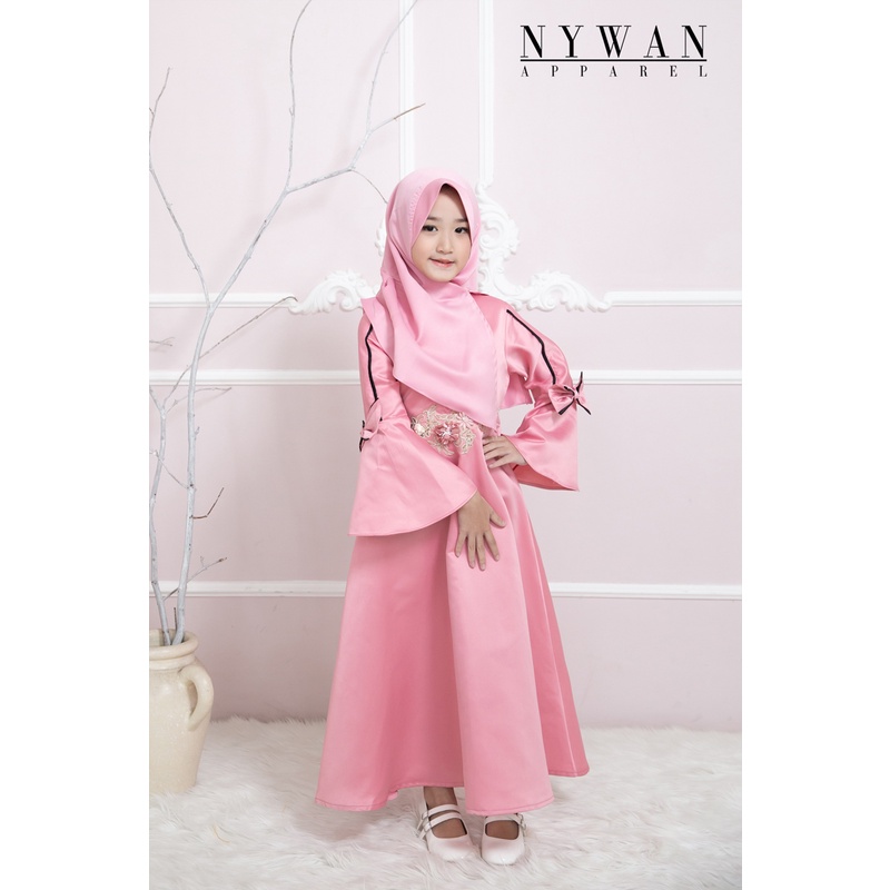 Nywan Apparel baju pakaian Gamis long dress Anak perempuan lebaran 2024 Satin mewah pink, krem, 1,2,3,4,5,6,7,8,9,10,11,12,13,14 Tahun termasuk hijab-5