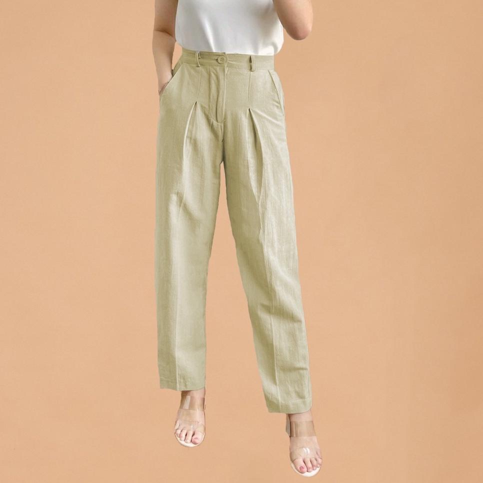LANGSUNG KIRIM Linen Highwaist Beige Basic Pants Celana Wanita Baggy Pants