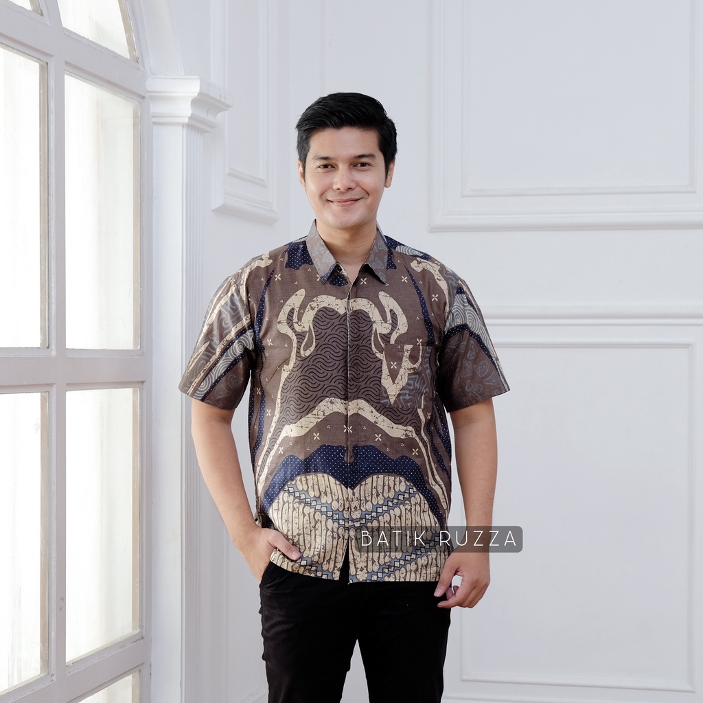 RUZZA Batik Pria Lengan Pendek Motif Kembang Langit Sogan Kemeja Cowok Dewasa Size M L XL