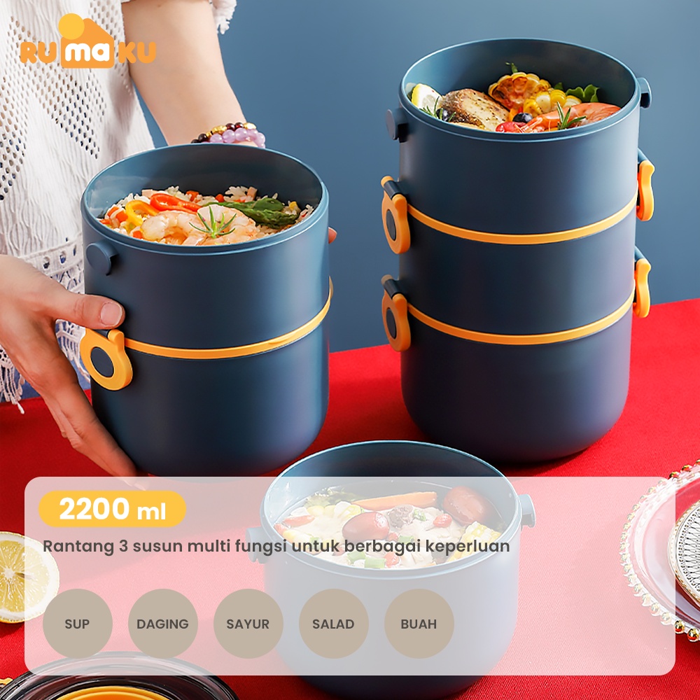 Rumaku Kotak Makan Tempat Makan Bekal Lunchbox Rantang Bulat 3 Tingkat 2200 ml Anti Bocor Free Sendok BPA FREE