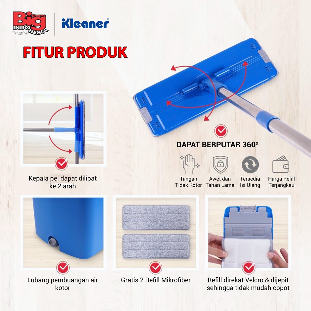 Alat Pel Peras Bilas Stainless Kain Microfiber Scratch Mop Pembersih Lantai Kleaner GST003