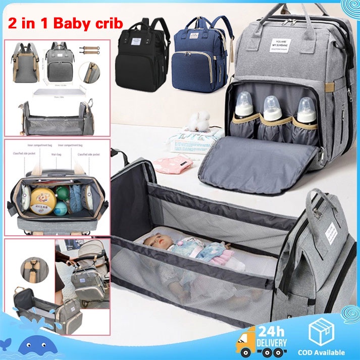 Siv 2 In 1 Crib &amp; Baby Bag Organizer Diaper Mommy Mummy Backpack, Portable Foldable for Travel Diaper Bag