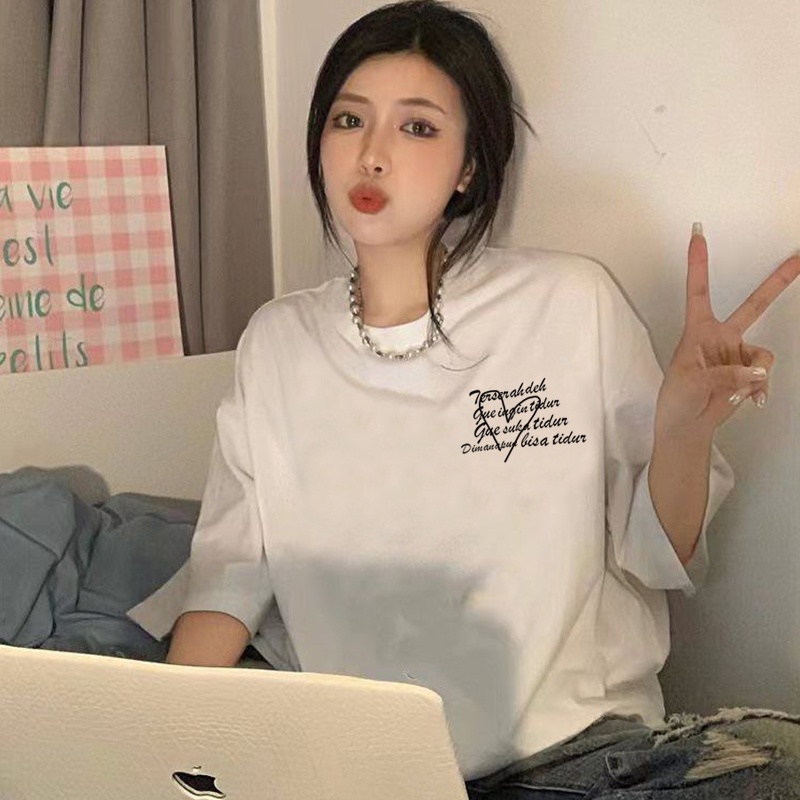 baju atasan wanita kekinian letter motif oversize printed t-shirt import lengan pendek kaos puith ootd