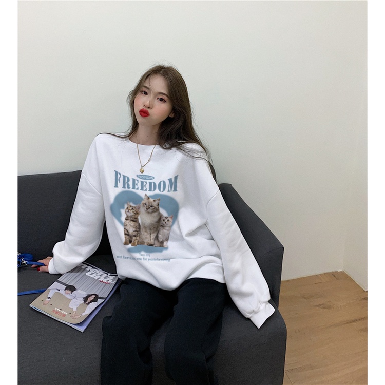 XIAOZHAINV Korean Style Style Blue Alphabet Pattern Lengan Panjang Baju Sweater Wanita