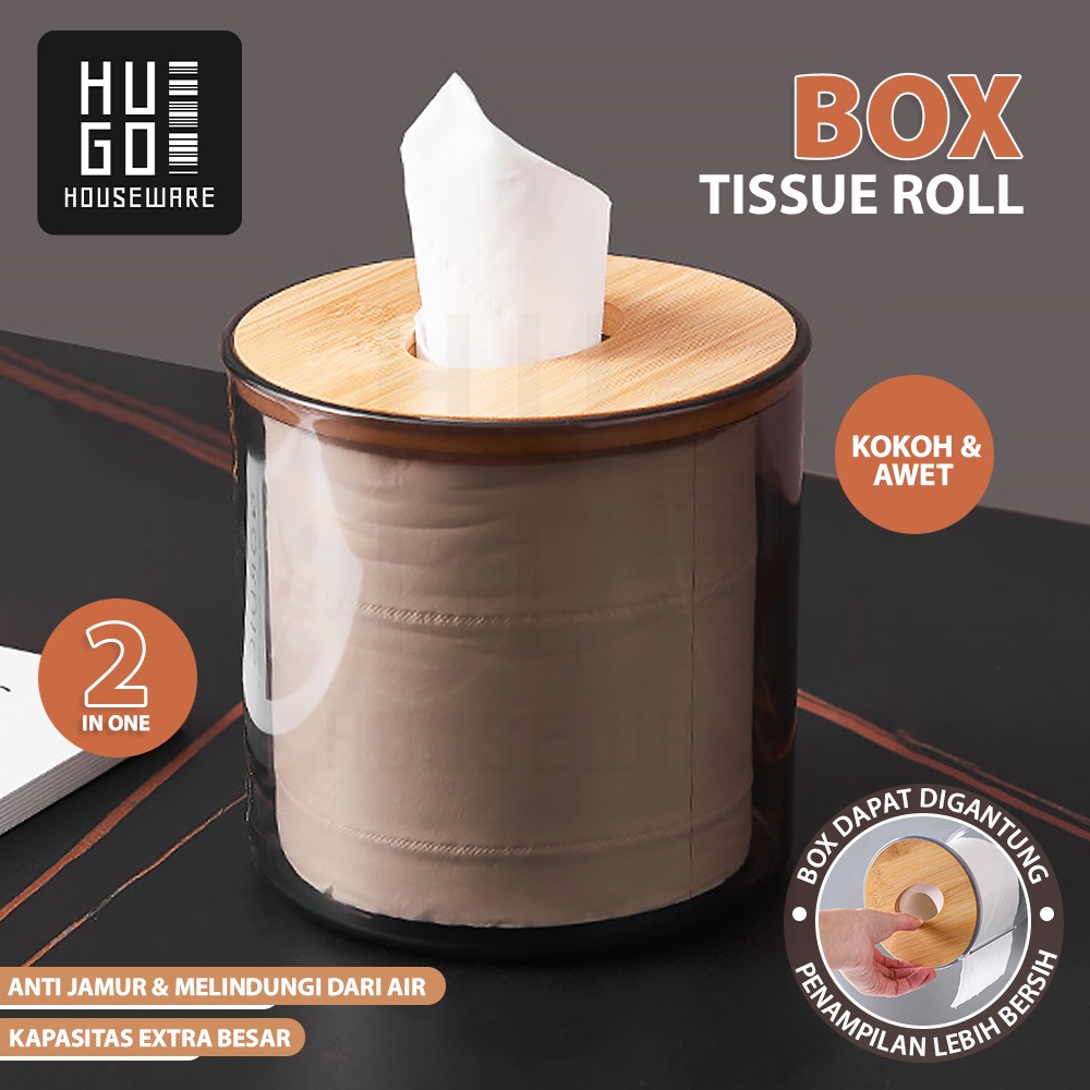 HUGO Tempat Tisu Roll Bulat Kotak Penyimpanan Tissue Tabung Transparan Tutup Kayu Minimalis