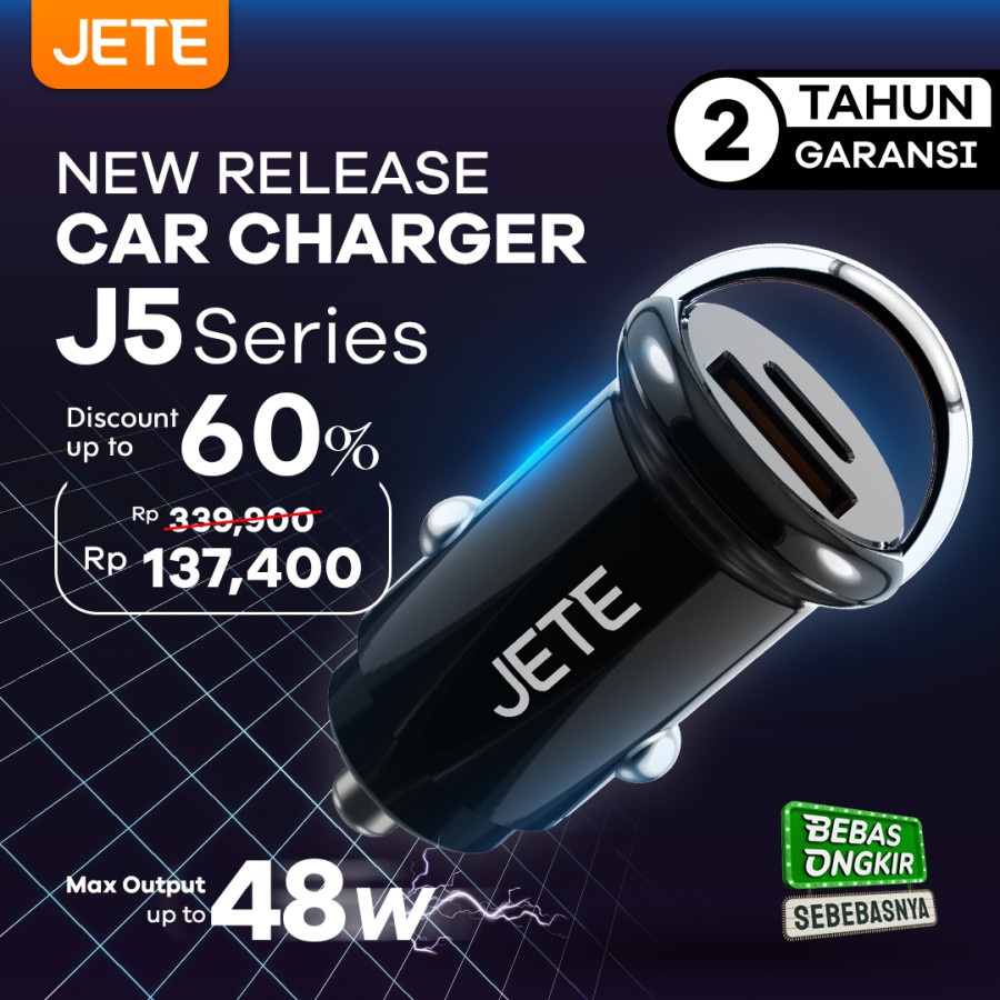 Car Charger Fast Charging 48W 2 Output with PD JETE J5 - Garansi 2 Tahun