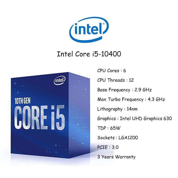 Intel Core i5 10400 6core 12Mb Cache 2,9GHz Up to 4,3GHz Proccesor Comet Lake (Box)