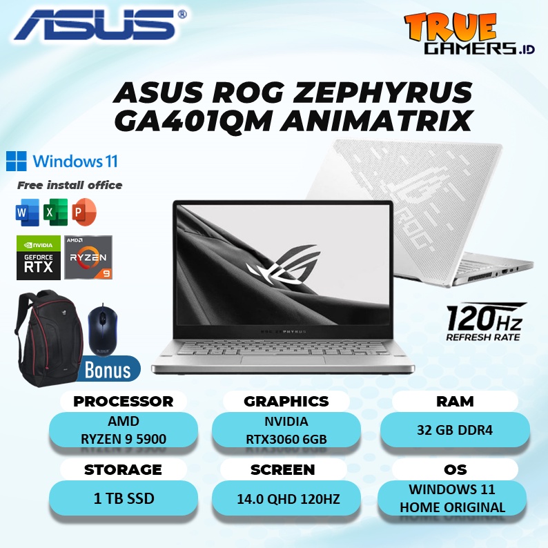 ASUS ROG ZEPHYRUS GA401 ANIMATRIX RTX3060 6GB RYZEN 9 5900 32GB 1TBSSD W10 14.0QHD WHT