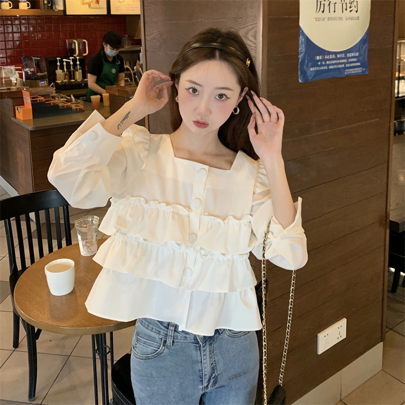 Atasan kerah persegi Prancis musim semi kemeja gaya asing baru