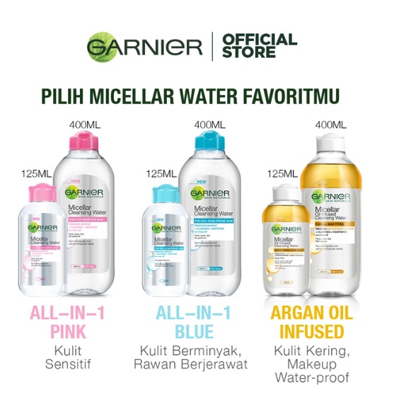 GARNIER Micellar Cleansing Water 400 ML / 125 ML / Pembersih Pink Blue Vit C Rose