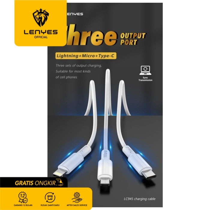 LENYES LC945 2.4A 6 In 1 Kabel Data 1.2m Micro USB Type C Lightning casan