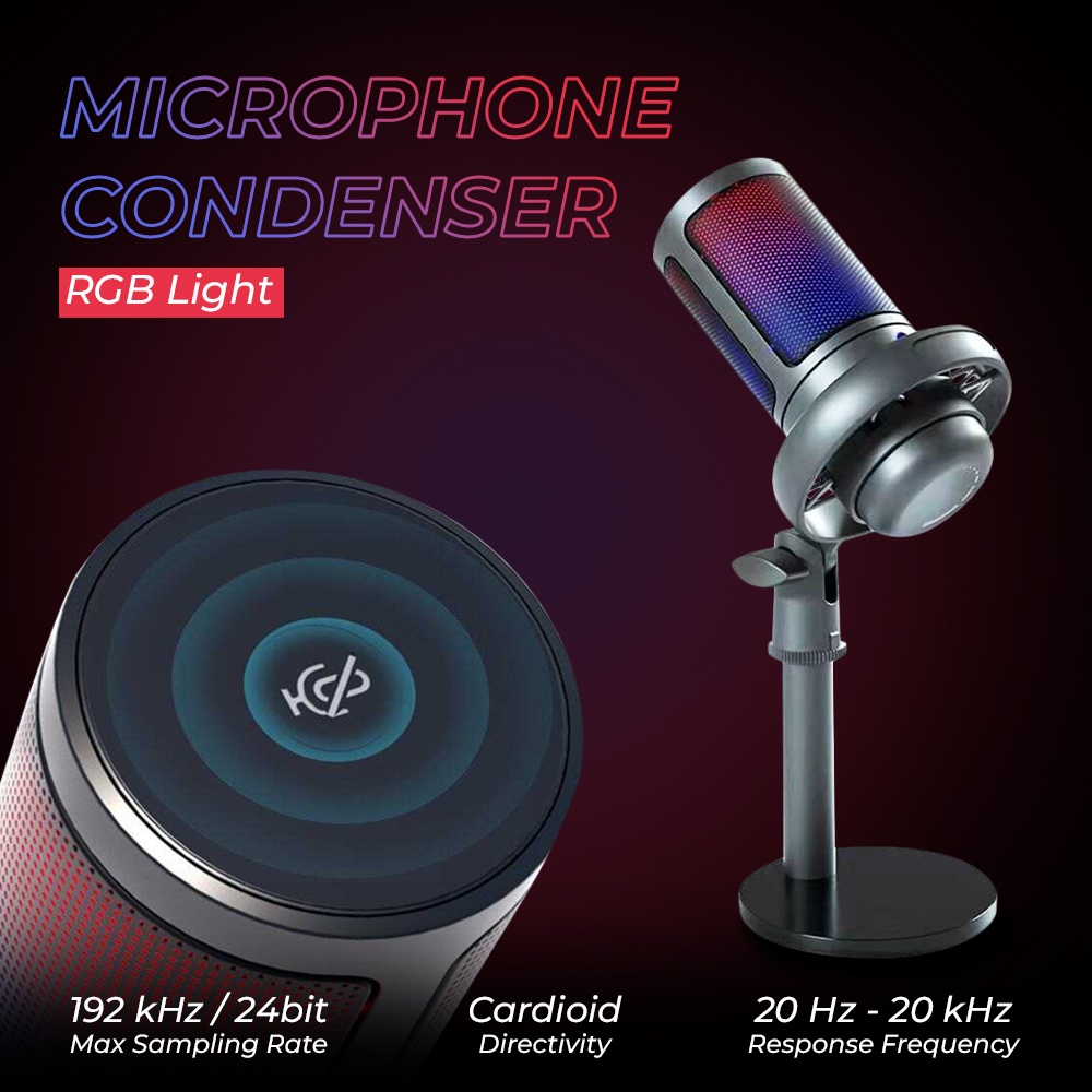 Microphone Condenser USB Mikrofon Kondensor Studio RGB Light - ME6S - Black