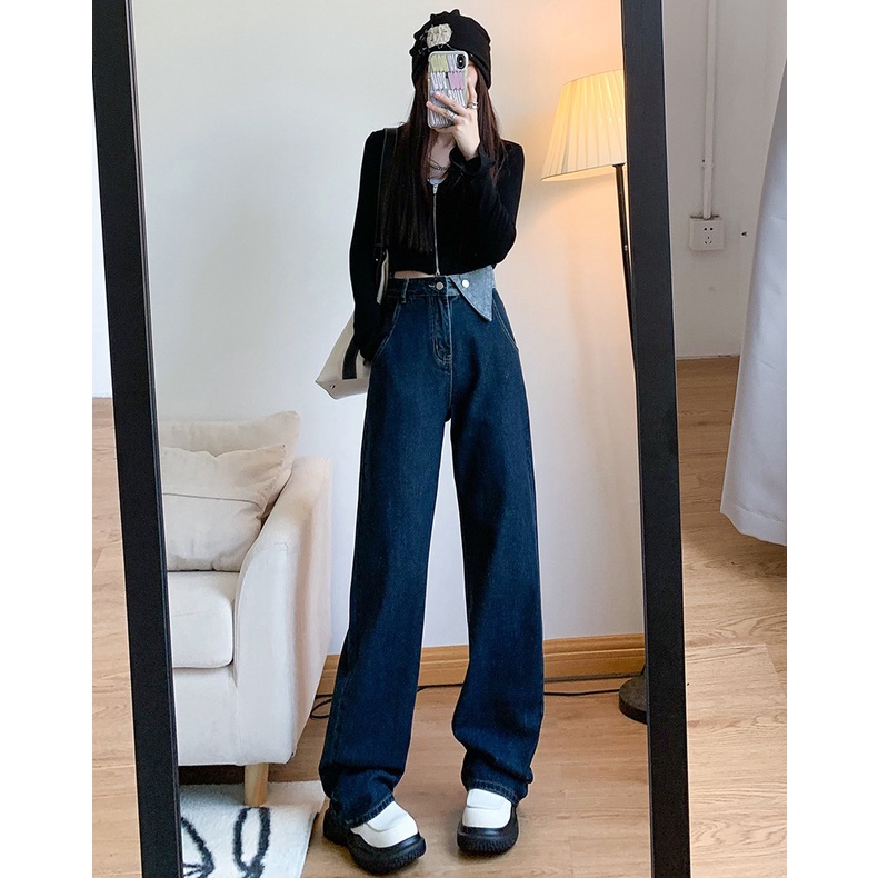 Celana Jeans Panjang Wanita Retro Desain Tombol Loose Wide Leg High Waist Jeans Korean Style