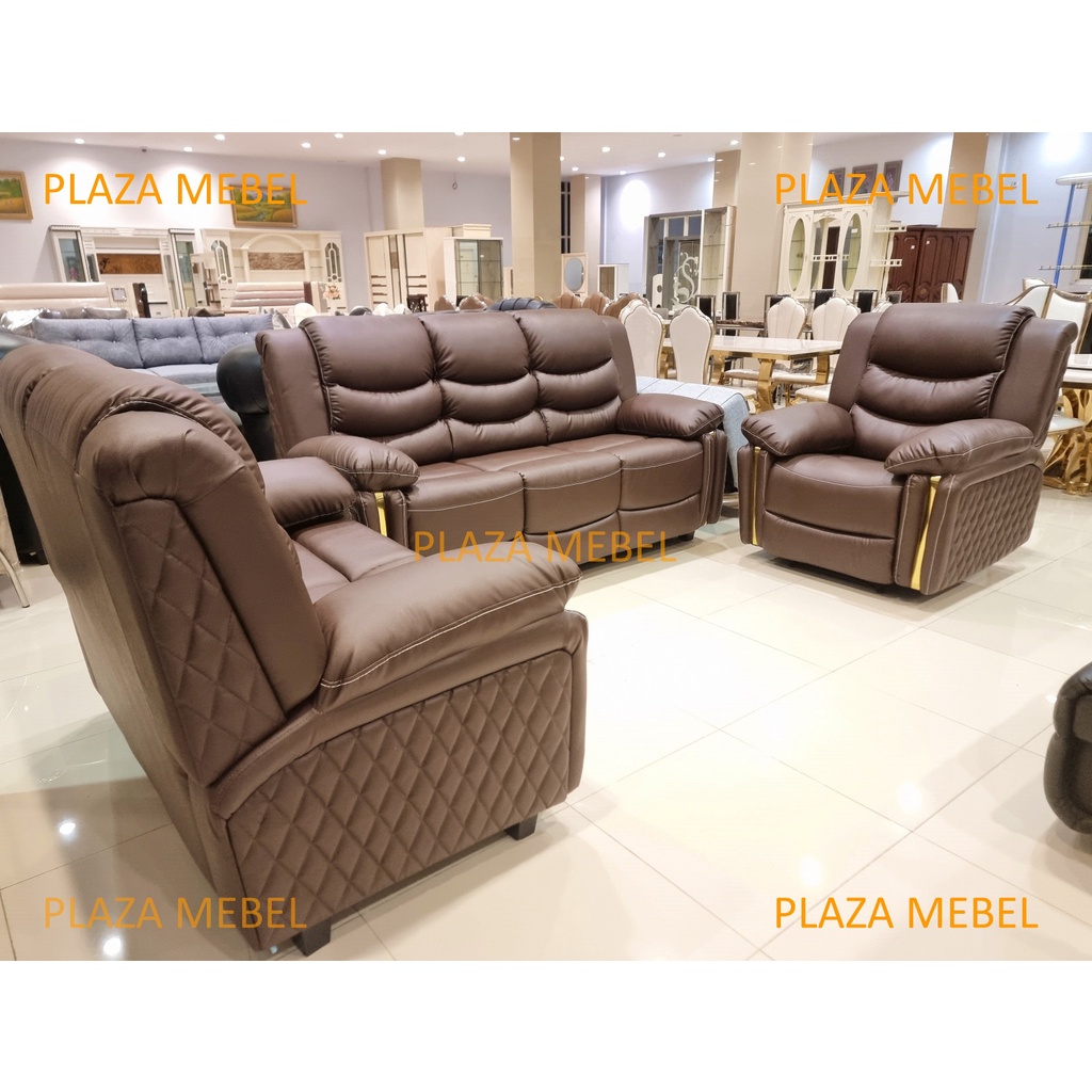 Set Sofa Recliner 3+2+1 Warna Coklat Muda dengan Lis Emas