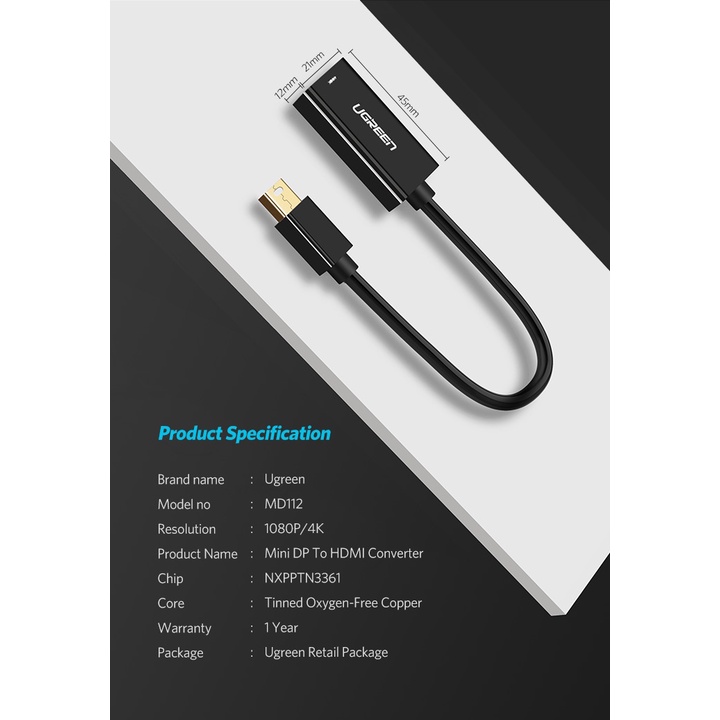 UGREEN Kabel Adapter Mini DisplayPort Ke HDMI Thunderbolt 2 HDMI Untuk MacBook Air 13 Surface Pro 4