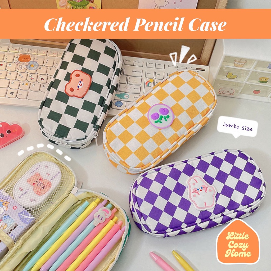 Checkered Pencil Case / Korean Style Kotak Tempat Pensil Viral Kapasitas Besar Dengan Resleting / Muat Banyak / Big Capacity With Zipper Ala Korea / Tempat Pensil Anak Perempuan