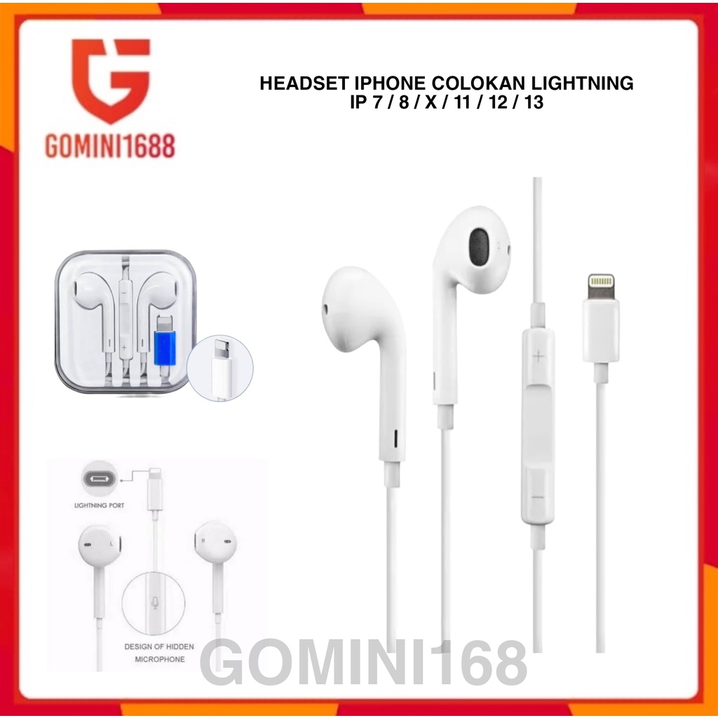 Headset Bluetooth Ip Colokan Lightning HF Iphone 7 / 8 / X / 11/ 12/ 13 Handsfree Pack Kotak Wired E