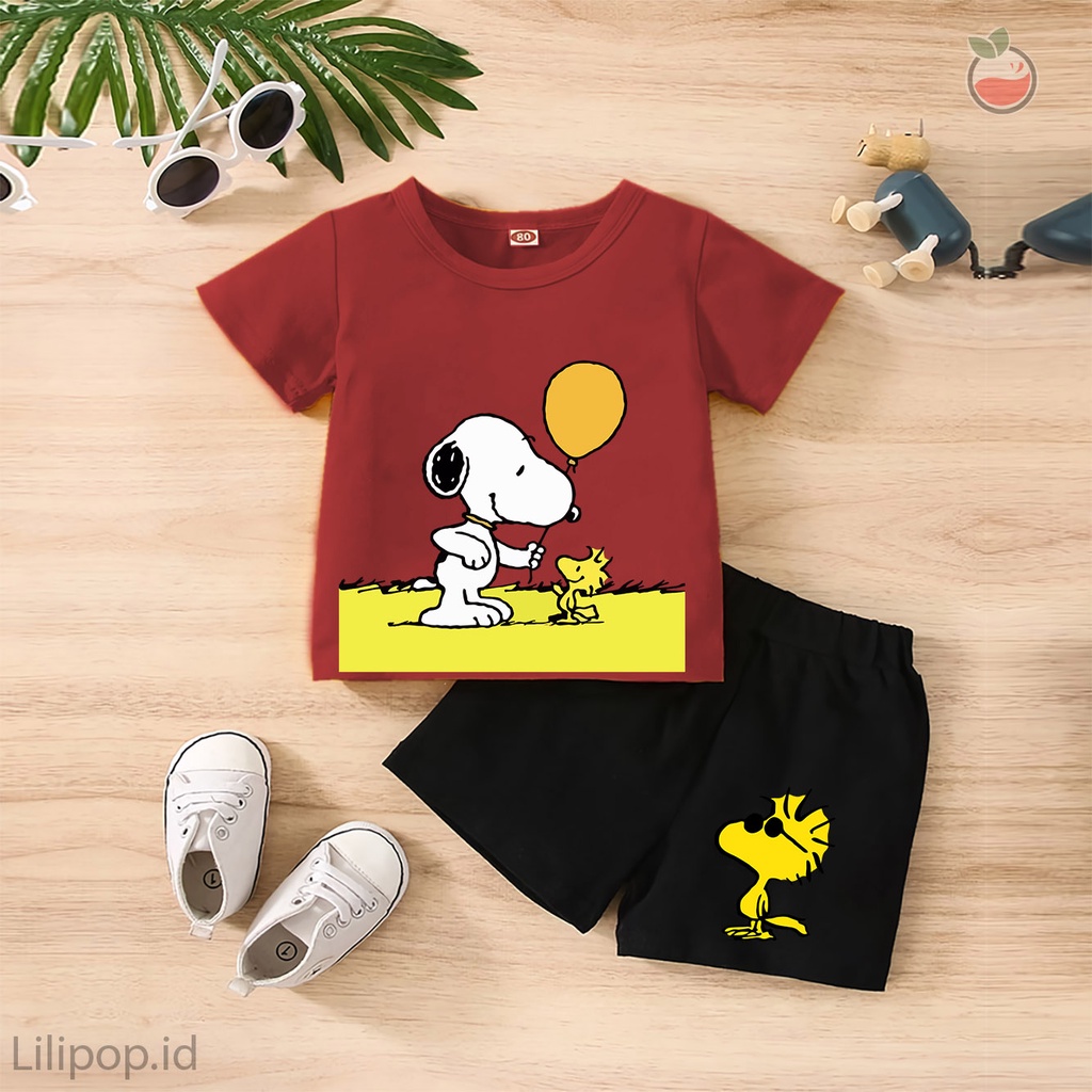 Baju Anak Stelan Kaos 3/4  SNOOPY Cowok Cewek  Usia 1 - 4 Tahun Celana Pendek Harian