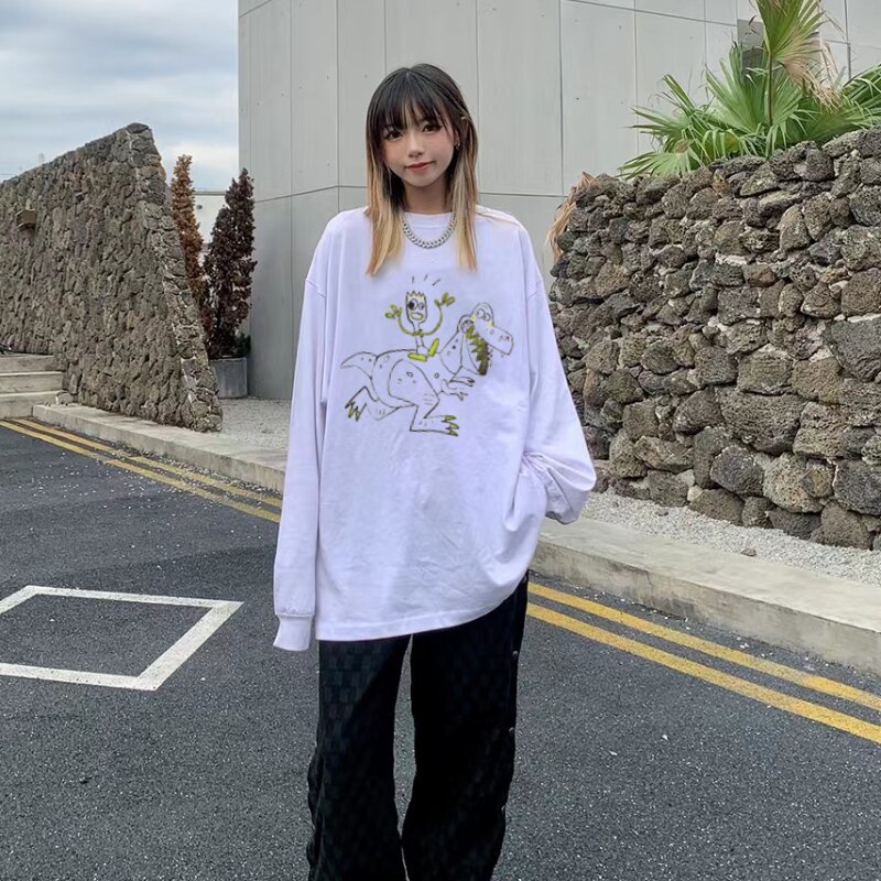 Dinosaurus Print Kaos Wanita Oversize Lengan Panjang Casual Shirts