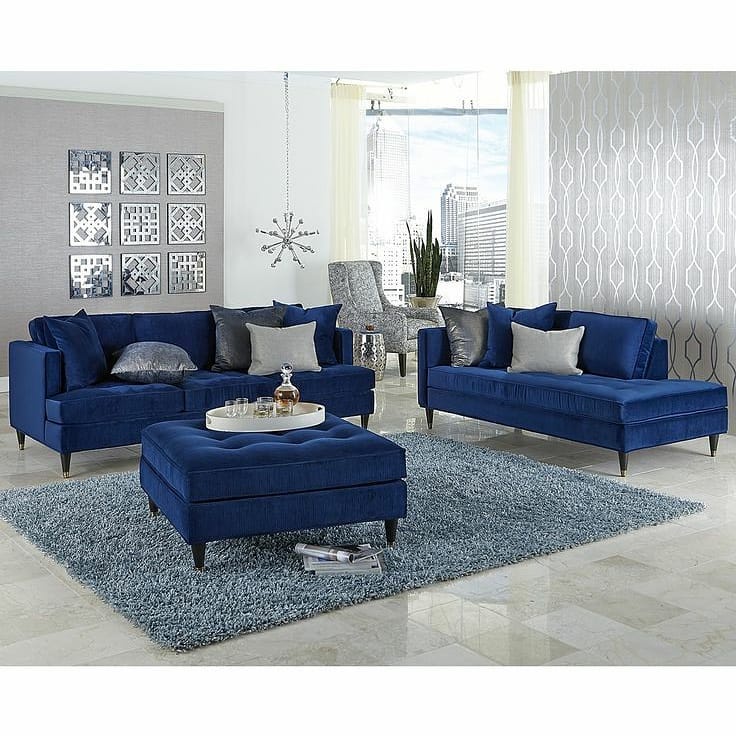 Set Sofa Tamu Model Terbaru Kain Jok Bludru Warna Biru | Kursi Tamu Chusion Modern