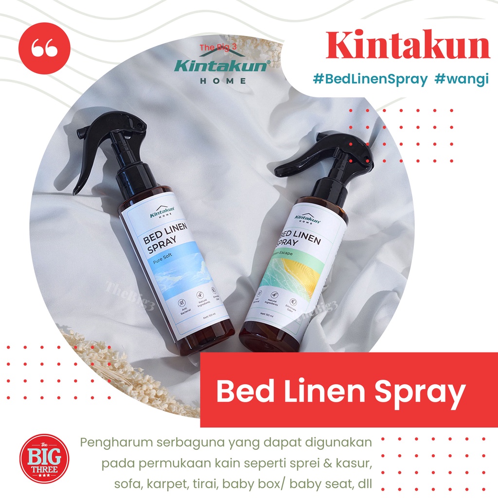 Kintakun Home Bed Linen Spray Anti Bakteri &amp; Virus Aromaterapi 150ml Ocean Escapre Pure Soft Lavender Field Lilac Bloom Homey Vanilla - THEBIG3