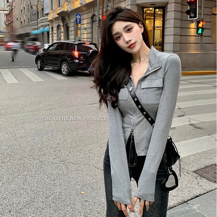 Red Awal musim gugur baru tingkat tinggi rasa desain chic slim fit kardigan kerah POLO pendek ritsleting ganda atasan abu-abu wanita
