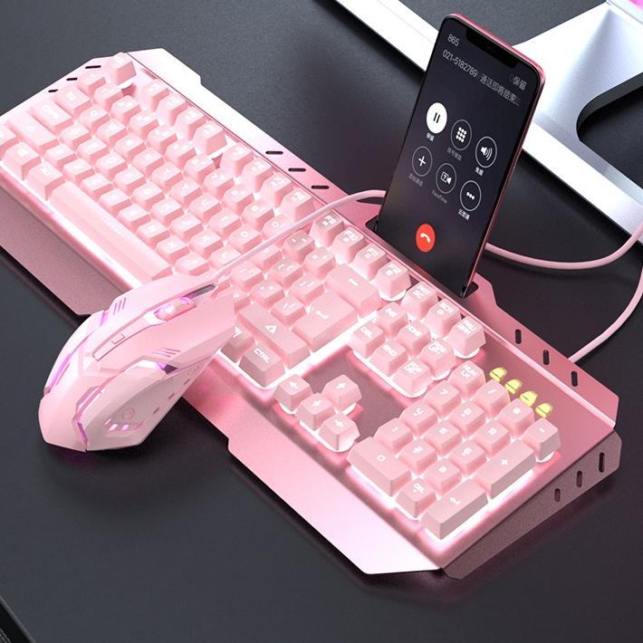 ♛ Pink Girl Cute Backlight Gaming Keyboard dan Mouse Combo Mechanical Feel Mekanikal external Gamer 