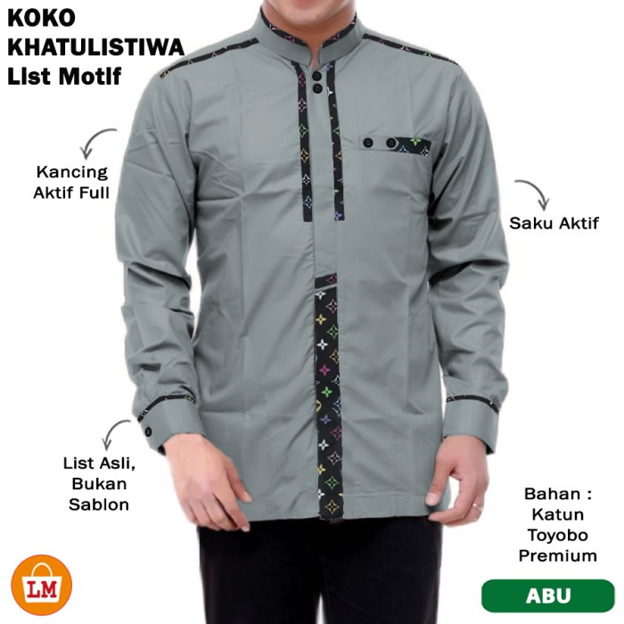 Asli Baju Pria Muslim KOKO KHATULISTIWA List Motif Lengan Panjang Big Size Oversize S-XL 30356 Lebaran Modern Terbaru Fashion Muslim Pria Lebaran