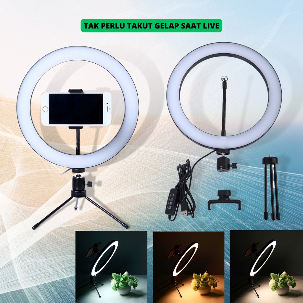 Paket Live Streaming Tiktok, Youtube, Live Shop Ring Light LED 120 LED 10 Inch Holder+Mini Tripod