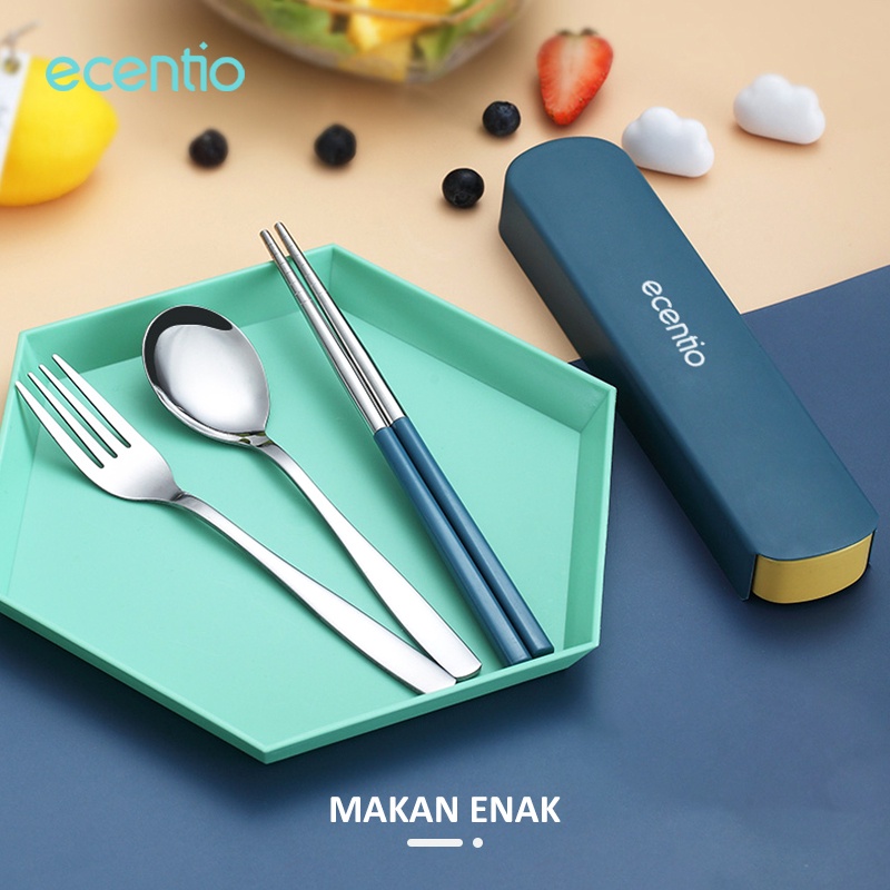 ecentio sendok makan 3pcs set stainless steel dengan kotak berbahan alat makan set sumpit sendok grapu set spoon fork set portable travel cutlery set