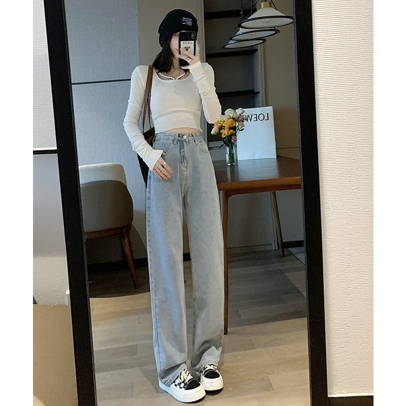 EUNII Celana Jeans Wanita Jins Biru Muda High Waist Straight Leg Pants Loose Korean Style