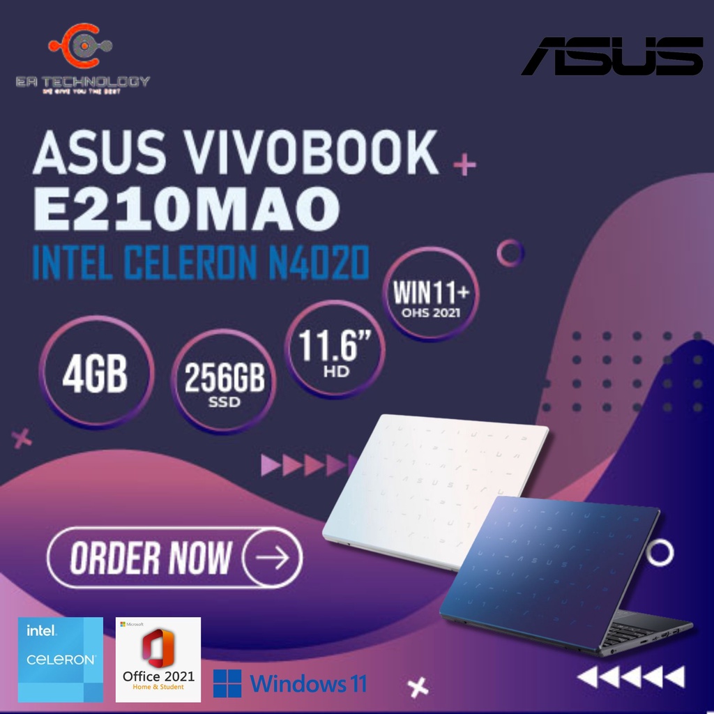 ASUS VivoBook E210MAO Intel Celeron N4020 4GB 256SSD 11.6inch HD Win11 OHS