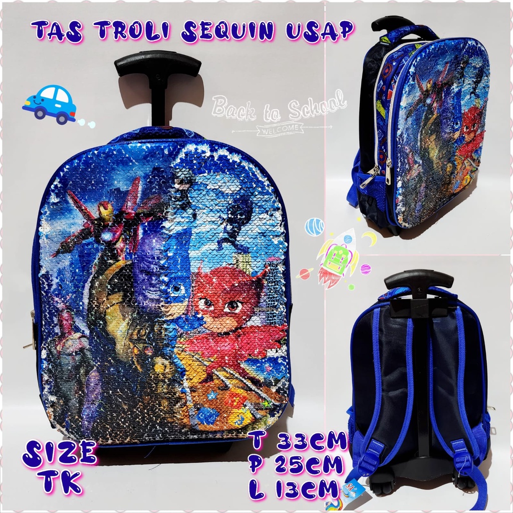 Tas Sekolah Troli Anak SD dan TK Motif Astronot Dino Superhero Tas Trolley Anak Import Tas Koper Dorong Anak Laki - Laki Playgroup