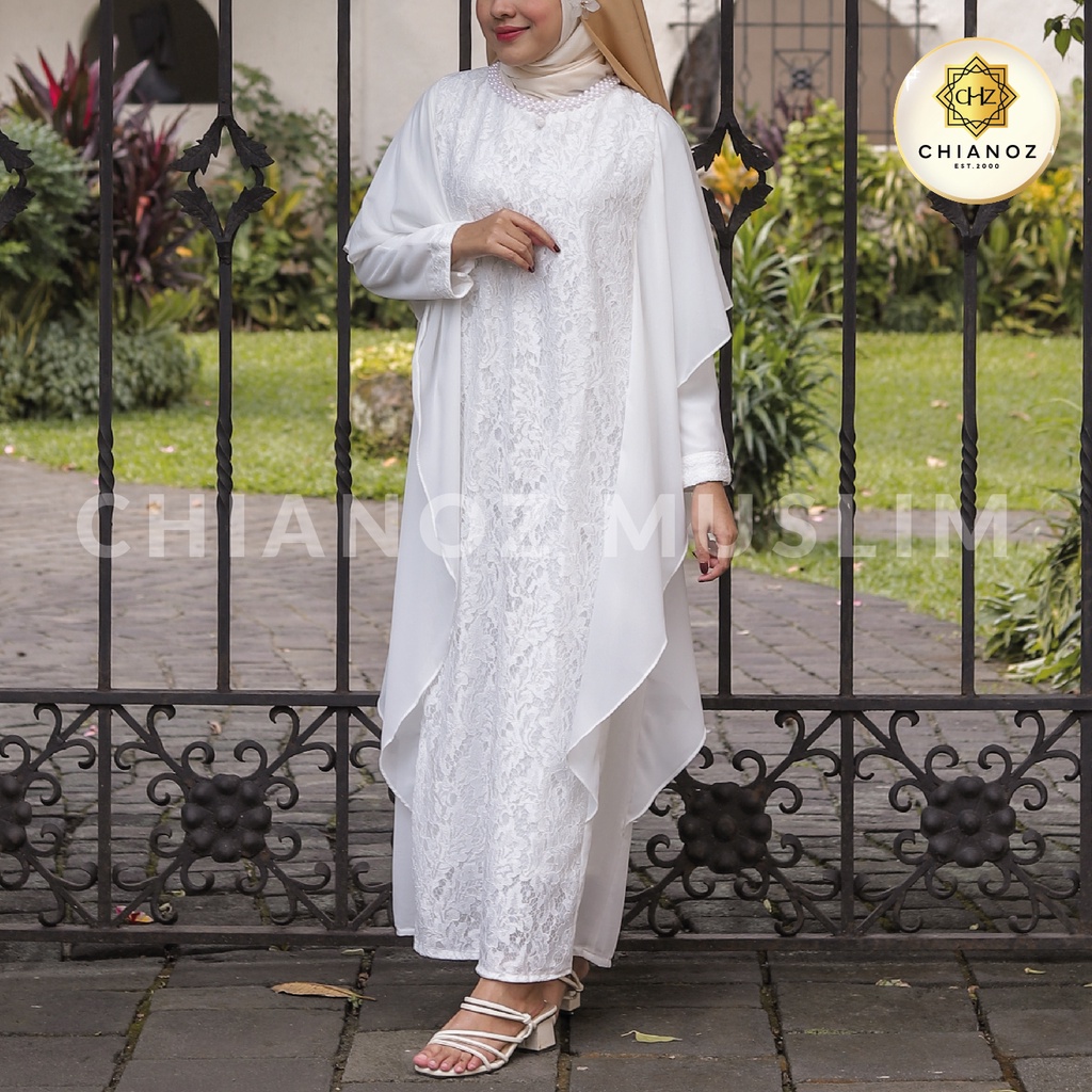 CHIANOZ Gamis Kaftan Putih Mewah Soraya Dress Brukat Renda Baju Lebaran Umroh Haji Manasik Pesta Akad 152 153