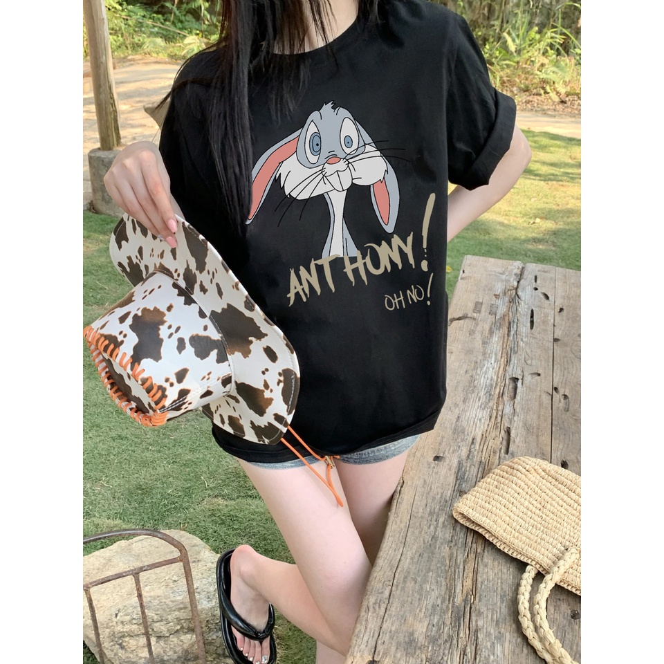 EUNII T-shirt Lengan Pendek Cartoon Fun Bunny Korean Style/Kaos Atasan Wanita/Baju Kaus Oversize Wanita/Kaos Wanita