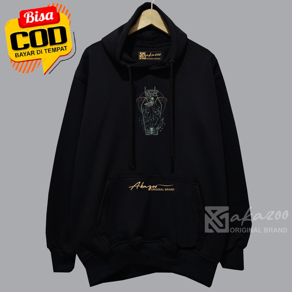 switer pria distro terbaru 2023 akazoo warna hitam LAMB OF GOD sablon saku gold sweater cowok keren kekinian