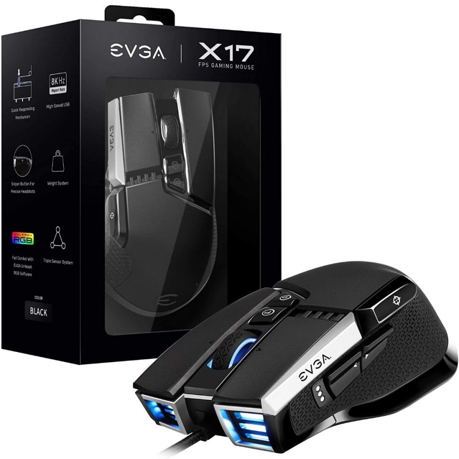 EVGA X17 Gaming Mouse Wired RGB 16000 DPI Custom Weight Pixart Sensor