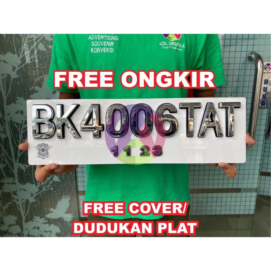 Nomor Plat Mobil Mewah Putih List Hitam Krom 7cm Cembung FREE COVER