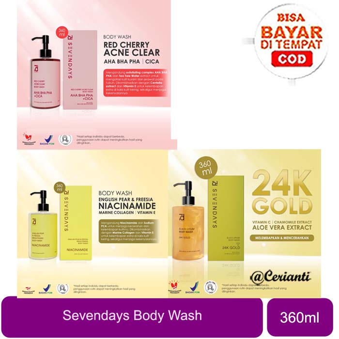 [BODY WASH | 360ML | BPOM] SEVEN DAYS 24K GOLD BLACK OPIUM | English Pear &amp; Freesia Brightening | Red Cherry Acne Clear BODY_Cerianti