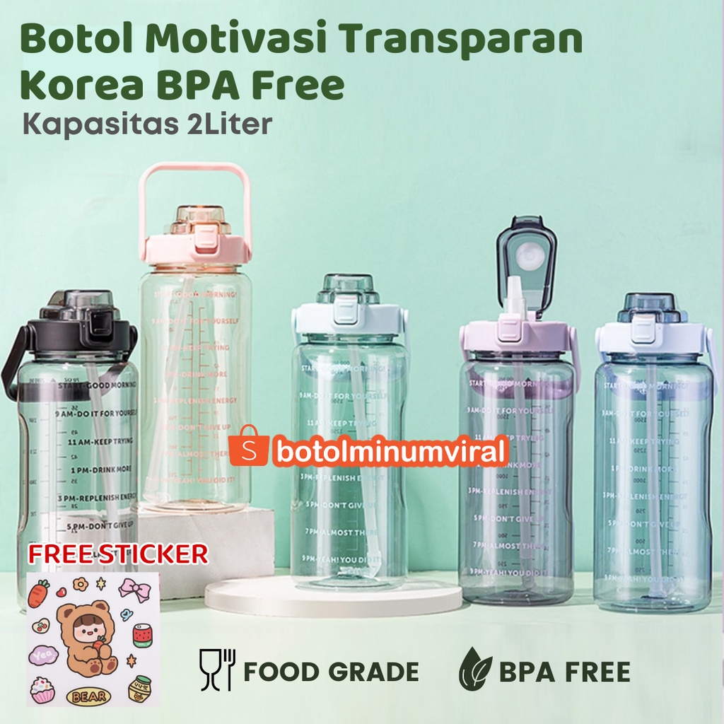 Botol Minum Viral 2 Liter Tritan Tiktok Murah Motivasi Waktu Stiker premium Ori Original Berkualitas