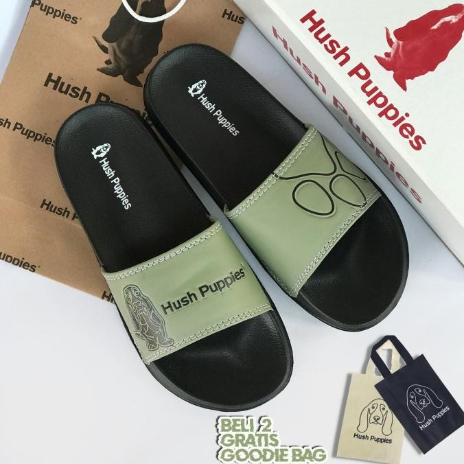 Sandal Hush Puppies Olive Black Big Logo Sandal Slop Pria Terbaru